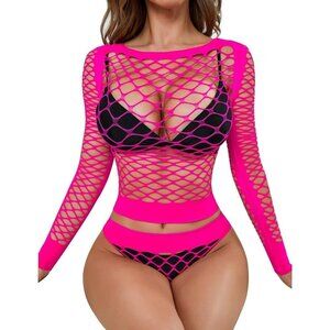 🆕 Women Pink Sexy Mesh Lingerie Fishnet Babydoll Long Sleeve Bodysuit Shirts